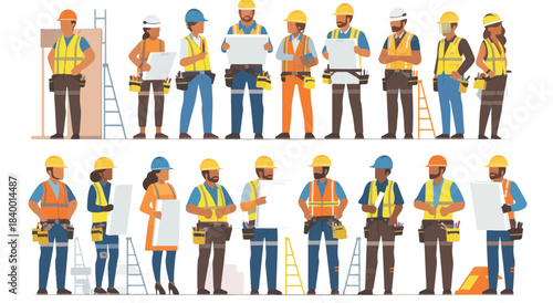 Construction Crew with Blueprint: A team of construction workers is presented with blueprint, each individual ready and equipped for a project, demonstrating collaboration and expertise.
