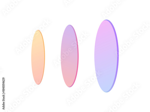 Colorful geometric figures, three vertical layer ellipses with a soft pastel gradient, abstract elements in a cute 3d style. Ideal for modern designs, each oval object unique color scheme.