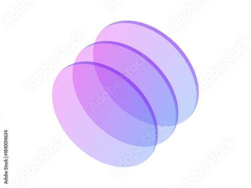 Dynamic geometric shapes, three overlapping rotating ellipses in soft purple and pink gradients, abstract elements in a cute 3d style. Perfect for modern designs, each oval object unique angle.
