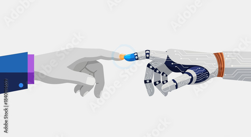 Human and robot hands touching symbolizing connection and technology.