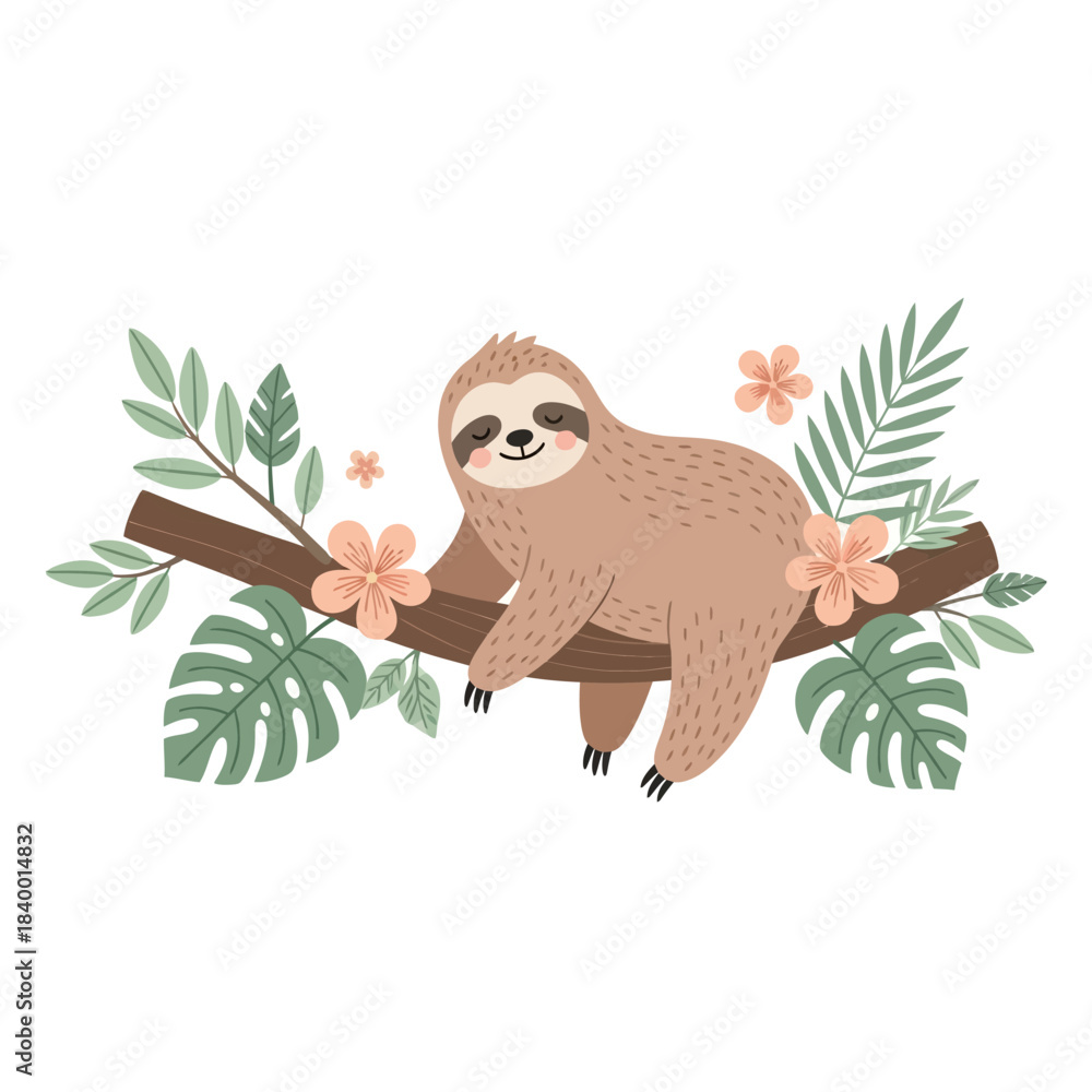 Obraz premium Cute cartoon sloth relaxing on a tropical tree branch with leaves and flowers.
