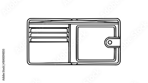 Minimalist line art illustration of an open bifold wallet displaying card slots and a coin compartment.