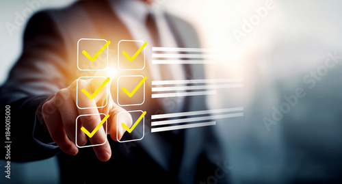 Businessman checking off a completed to-do list on a virtual screen. Concept of quality assurance, successful task completion, business execution, and survey or voting.