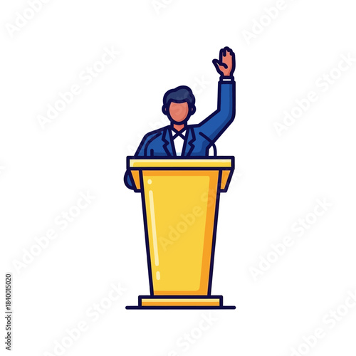 Man giving a speech at a podium with raised hand.