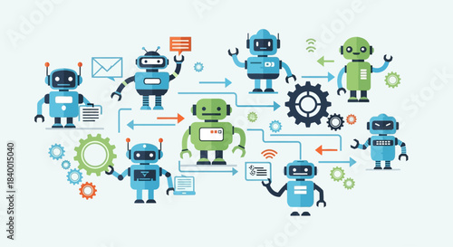 Robots and automation concept with various bots performing tasks.