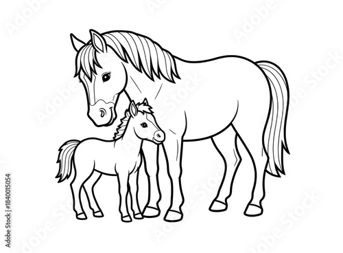 Illustration of a mother horse and her foal standing together, showcasing their bond in a charming coloring page design for relaxation and creativity