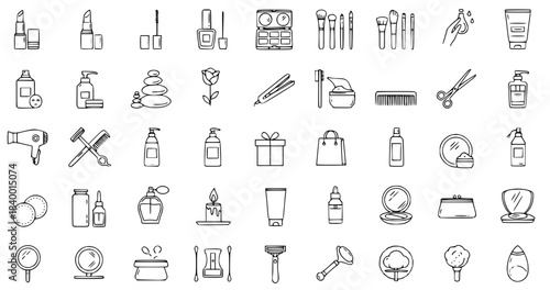 Collection of beauty and grooming icons, including cosmetics, skincare products, and tools, arranged in a seamless pattern, showcasing various beauty essentials for personal care