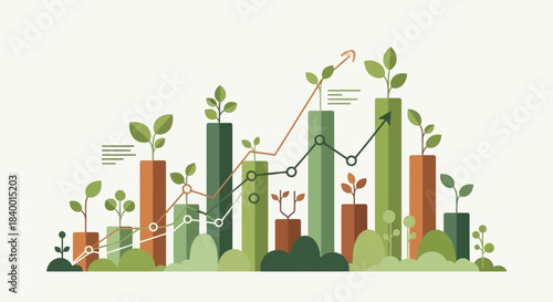 Sustainable business growth concept with plant bar chart infographic.