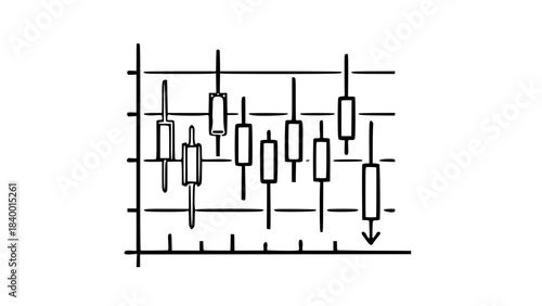 Minimalist line art depicting a financial market candlestick chart with a clear downward arrow indicating a trend.
