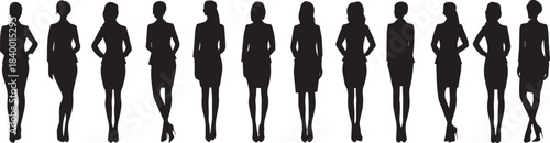 Elegant Silhouettes of Women: Graceful silhouettes of women stand tall, each embodying unique elegance and poise, forming a captivating line-up that exudes confidence and style.