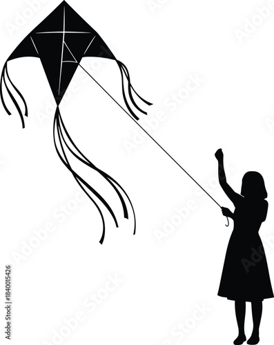 Vector silhouette of a young girl standing and actively flying a large traditional kite with flowing tails, symbolizing childhood, freedom, leisure, innocence, and outdoor summer fun.