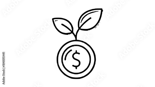 Minimalist line art illustration depicting a plant sprouting from a dollar coin, symbolizing financial growth and investment.