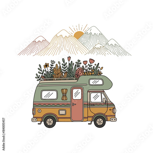 Camping van with flowers on top and mountains in the background.