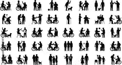 Large vector silhouette set of diverse people in wheelchairs, with caregivers, companions, and service animals, illustrating disability, assistance, elderly care, and companionship concept.