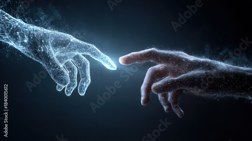 Digital hands reaching out to touch with glowing light between them conveying connection, technology, and innovation against a dark blue background offe hope.