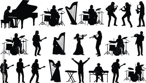 Extensive vector silhouette collection of diverse male and female musicians playing instruments, including piano, harp, drums, trumpet, saxophone, and guitar, for music entertainment concepts.
