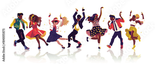 Vibrant Dance Illustration: Captivating illustration of a diverse group immersed in the joy of dancing, celebrating movement and togetherness.
