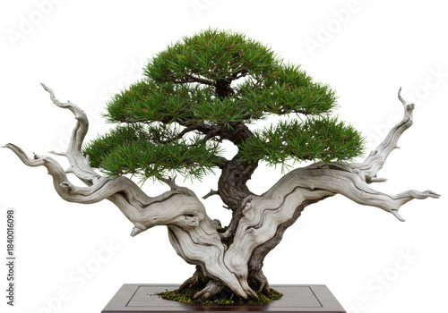 macro close-up of ancient juniper bonsai featuring intricate, gnarled white deadwood (jin/shari) contrasted by vibrant deep-green foliage, isolated on a transparent background. concept of