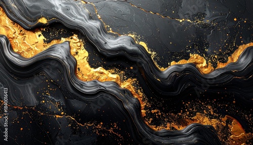 高級感ある金色の金箔と黒背景の抽象的な大理石風背景素材