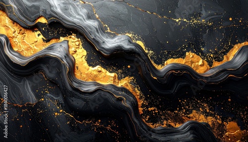 高級感ある金色の金箔と黒背景の抽象的な大理石風背景素材