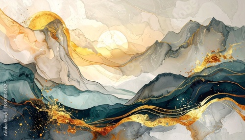 高級感ある金色の金箔と黒背景の抽象的な大理石風背景素材