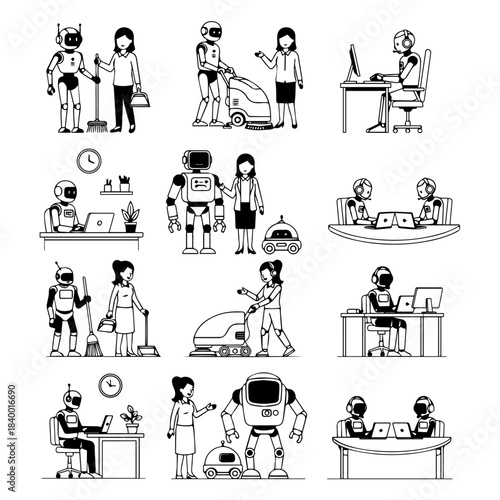 robot working in a office, help human concept