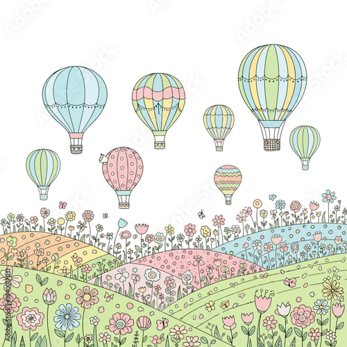 Colorful hot air balloons floating above a vibrant flowery landscape.