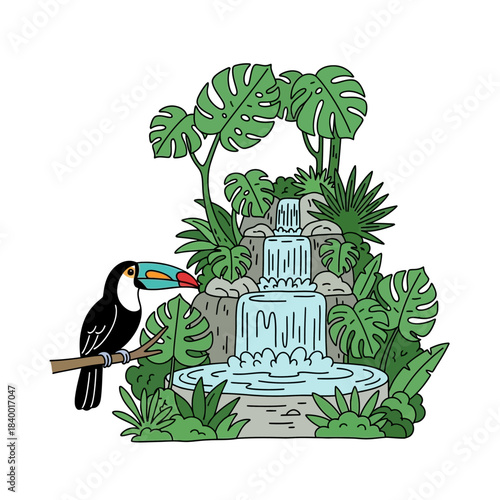 Colorful toucan perched on branch near a beautiful waterfall scene.