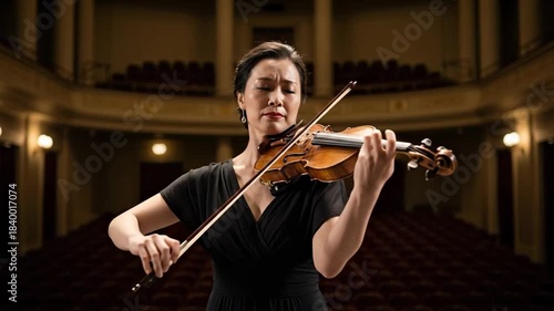 Professional female violinist performs a solo on a classical violin in an empty theater.