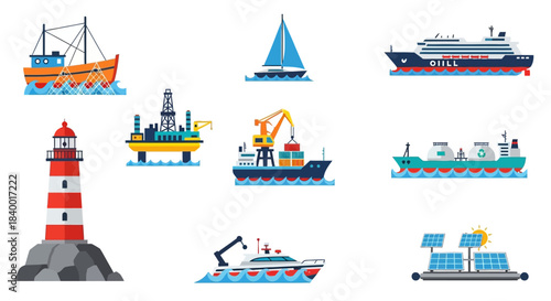 Collection of diverse marine vessels and a lighthouse illustration.