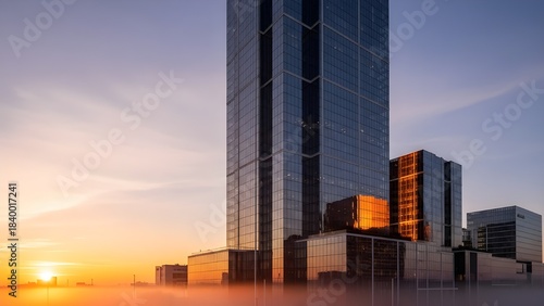 Highrise tower exterior reflecting warm sunset light in urban district