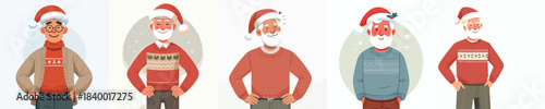 Grandpa wearing a Christmas hat. Vector, minimalist, illustration, icon set.