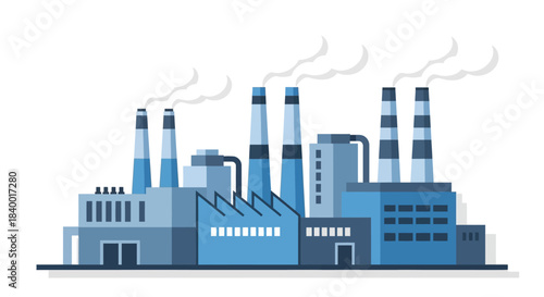 Industrial factory building with smoking chimneys producing pollution.