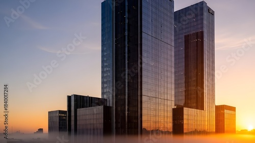 Contemporary skyscraper architecture with glowing evening horizon backdrop