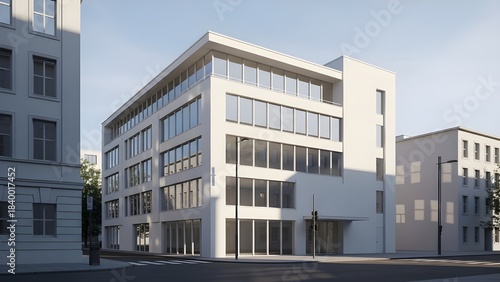 Minimalist white commercial building with clean lines in bright daylight setting