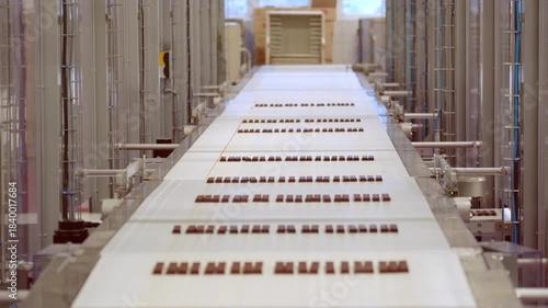 Chocolate bar production line with icing and liquid filling moving on conveyor belt in confectionery factory.