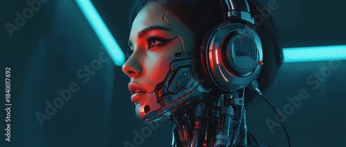 Futuristic Cyberpunk Portrait: A captivating woman with a cybernetic augment on her face and neck, engrossed in the experience through her headphones, embodies the essence of the cyberpunk genre.
