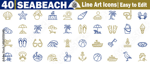 Collection of forty seabeach line art icons, easy to edit for creating summer designs.