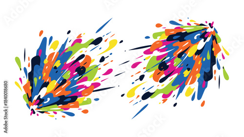 Abstract Colorful Paint Splashes and Dynamic Ink Bursts on White Background – Vibrant Artistic Explosion Graphic Design Elements