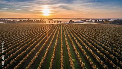 Sunrise Over Rows - A Serene Agricultural Landscape Video.