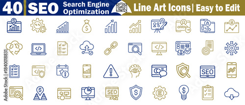Collection of line art search engine optimization icons related SEO strategy web vector illustration. 