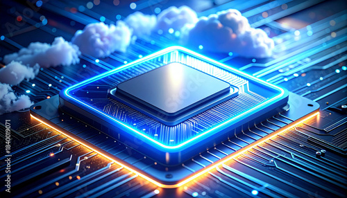 Digital Realm: A high-tech digital image of a CPU with data stream and the cloud, showcasing the central processing unit at the heart of the digital revolution.