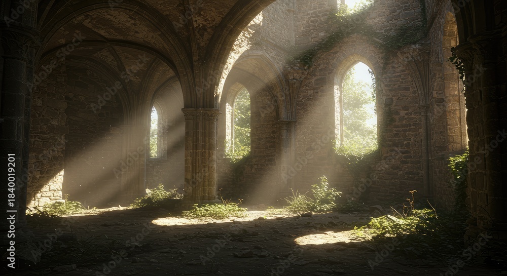 Fototapeta premium Sunbeams illuminating a sun-drenched, ruined church interior