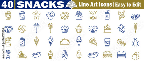 Forty snack line art icons, easy-to-edit vector file set for food business design project illustration. 