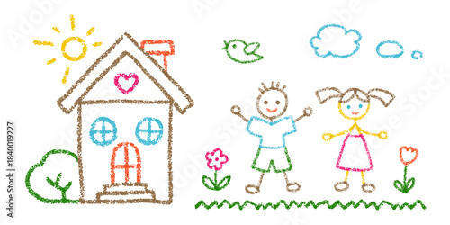 Crayon drawing of cute house and kids in garden. Hand drawn doodle icons of children, home, flowers and sun and clouds in sky. Summer landscape with house, girl, boy and grass, vector illustration