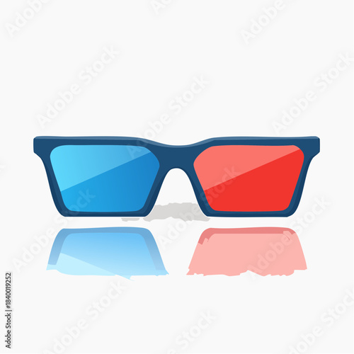 A pair of blue-framed 3D glasses with red and blue lenses reflecting on a white surface