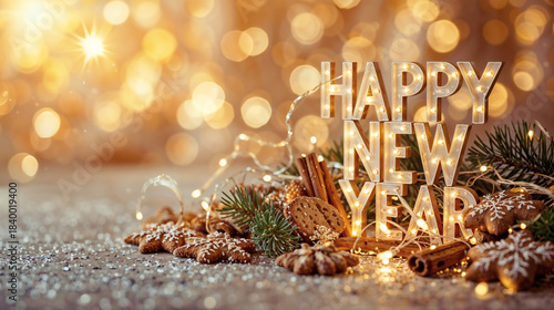 Happy New Year Decoration sign with Winter Pine and Warm Amber Lights – Premium Royalty-Free Holiday Celebration Photo.