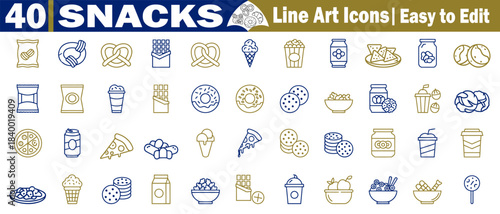 Set of forty different snacks vector line art icons, easy to edit for snack lovers and designers elements. 