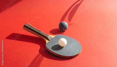“Red ping pong paddle and white ball on red background with shadow.”