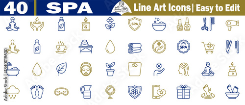 Set of forty different spa vector line art icons, easy to edit for spa and beauty designers' illustration. 